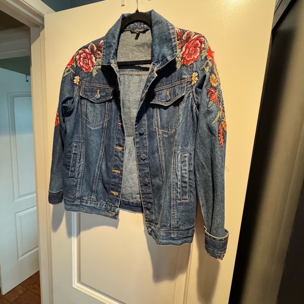 Floral Embroidered Blue Denim Jacket